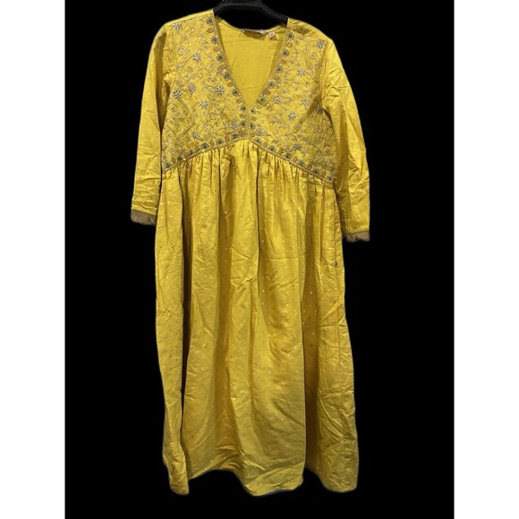 Avaasa Yellow Embroidered Kurta Dress Size M Long Sleeve Maxi Tunic India Made - Picture 1 of 7